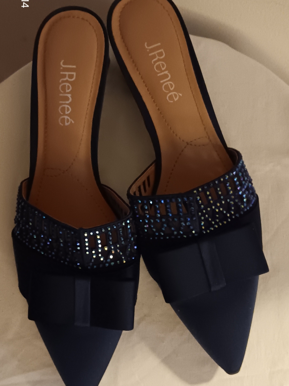 J.Reneé Navy Pointed Toe Mules with Crystal-Embellished Strap